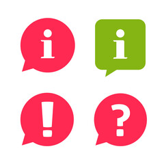 Info inform icons with question ask information hint tip notice, warning alert important exclamation message, caution error notice pictogram, faq help desk mark note in bubble speech flat