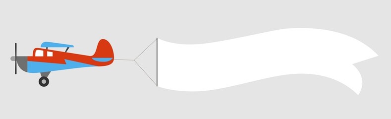 Plane with banner in the sky isolated on white background. Air vehicle with an empty ribbon for advertising. Simple design © Ophelia