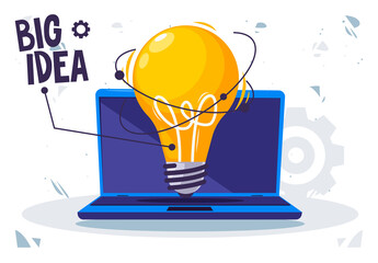 Vector illustration of a glowing light bulb, the concept of a big idea on the background of an open laptop
