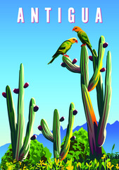 Antigua Tropical landscape with parrots, cactuses and mountains in the background. Handmade drawing vector illustration. Retro style poster.