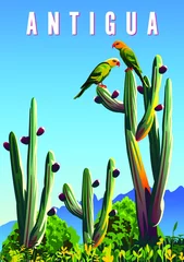 Stoff pro Meter Antigua Tropical landscape with parrots, cactuses and mountains in the background. Handmade drawing vector illustration. Retro style poster. © alaver
