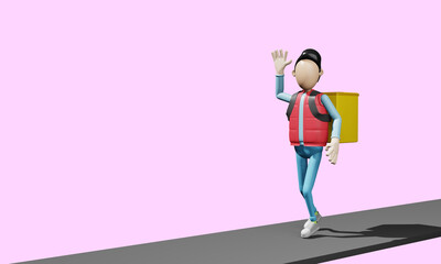 3d render. A courier with a bag on his shoulders walks along the road and greets with his hand