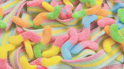 Assorted gummy candies. Top view. Jelly  sweets.