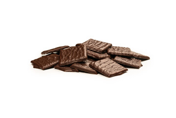 Dark chocolate candies isolated on white background.