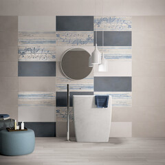 Modern interior design, bathroom with gray and blue tiles, seamless, luxurious background.