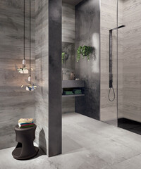 Modern interior design of room with gray tiles, seamless, luxurious interior background.