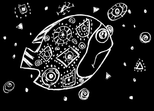 Decorative fish with geometric patterns in white on a black background