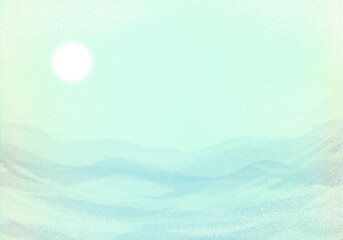和紙に点描・ソフトな色調の海と空に白く輝く月（太陽）背景イラスト青緑系
