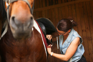 A woman harnesses her horse before riding.