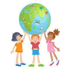 Happy children of different nationalities hold the planet. In cartoon style. Isolated on white background. Vector flat illustration