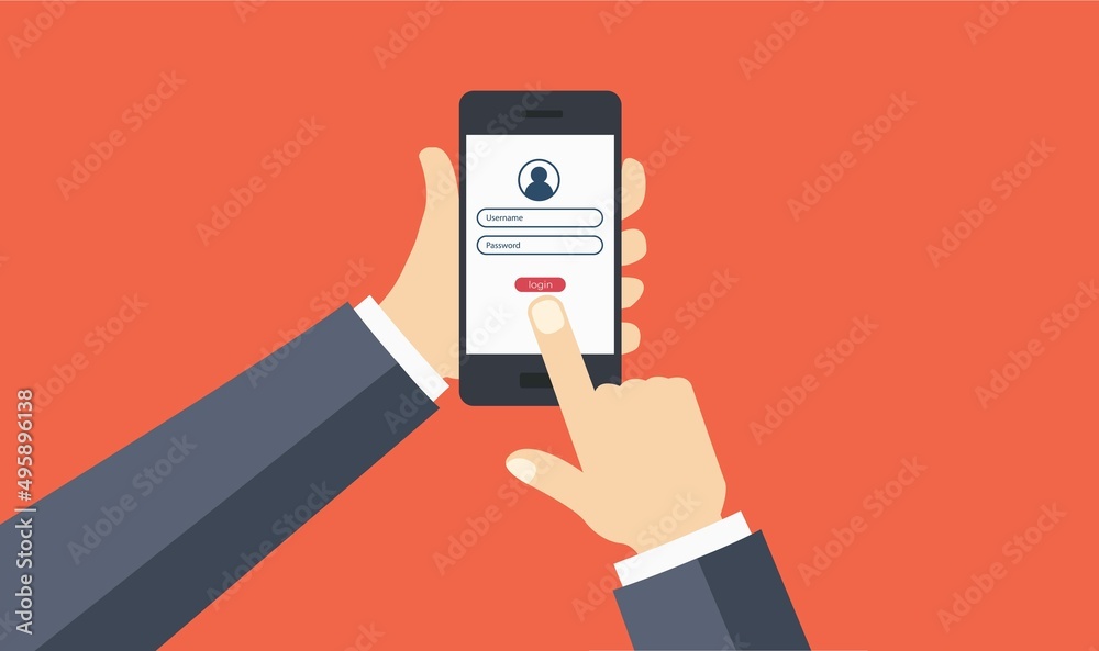 Poster log in screen. mobile application interface. hands holding. website with buttons and network account