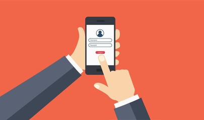 Log in screen. Mobile application interface. Hands holding. Website with buttons and network account.