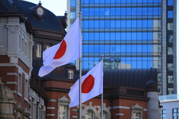 japan flag pole in waving  - 495896367