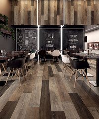 Modern interior design, restaurant with wood texture tiles, seamless, luxurious background.