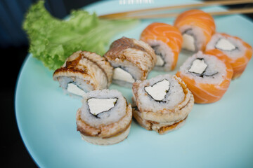 sushi roll with salmon and eel set japanese cuisine