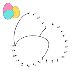 Easter eggs. Dot to dot Game. Connect the dots by numbers to draw the cartoon Hen Eggs. Logic Game and Coloring Page with answer. Easter education worksheet for kids practicing count numbers 1-25.