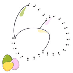 Dot to dot Game. Easter eggs. Connect the dots by numbers to draw the cartoon Paschal Eggs. Logic Game and Coloring Page with answer. Easter education worksheet for kids practicing count numbers 1-26.