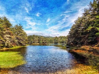 Obraz premium Watercolor and pastel drawing nature landscape, tropical travel and touristic place, Seychelles island vacation, trend print for poster, textile or canvas. Modern fine arts design wallpaper. Wall art