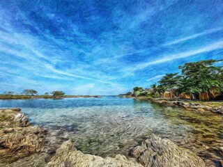 Fototapeta premium Watercolor and pastel drawing nature landscape, tropical travel and touristic place, Seychelles island vacation, trend print for poster, textile or canvas. Modern fine arts design wallpaper. Wall art