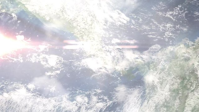 Earth zoom in from outer space to city. Zooming on Cartago, Costa Rica. The animation continues by zoom out through clouds and atmosphere into space. Images from NASA