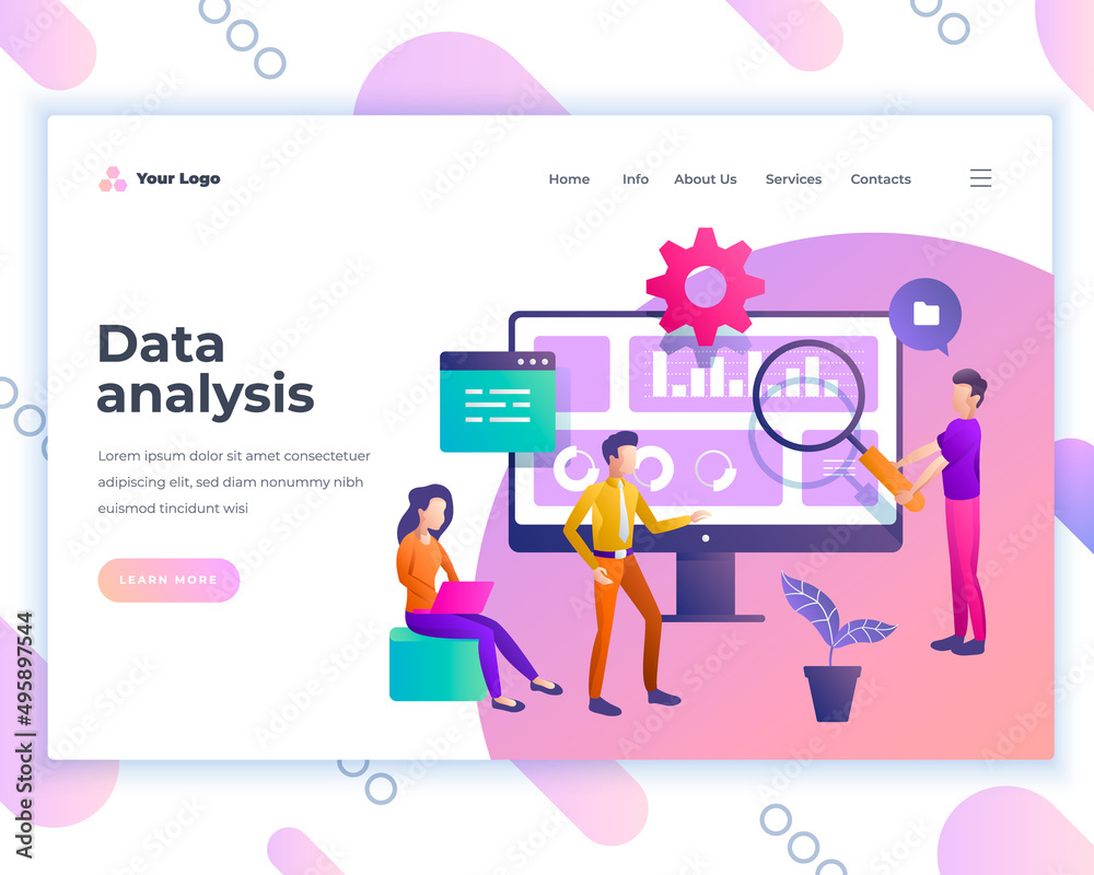 Wall mural landing page template data analysis concept with office people. modern flat design web page design f