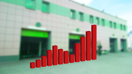 Fototapeta na wymiar Large growing business red 3D graph chart on blur factory building background. Inflation. Finance and Economy. Graphic statistics. Rising gas and energy price concept. Crisis in industry. Plant.