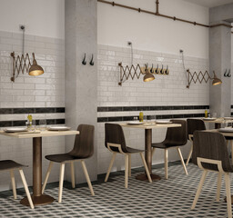 Modern interior design, restaurant with patterned tiles, seamless, luxurious background.