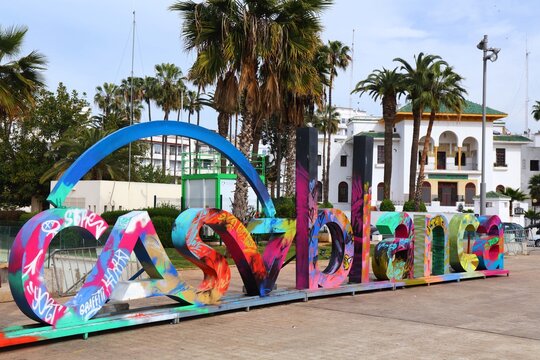 CASABLANCA, MOROCCO - FEBRUARY 22, 2022: Sign at Mohammed V Square in downtown Casablanca, Morocco. Casablanca is the largest city of Morocco.
