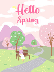 Hello spring landscape. Woman sitting on the bench with spring flowers in basket. Cute vector illustration in flat style. EPS