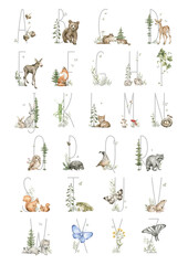 Fototapeta na wymiar Alphabet with watercolor forest animals and nature elements. English alphabet. ABC teaching illustration. Cute creatures from the wild. preschool education