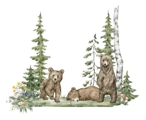  Watercolor composition with forest animals and natural elements. Baby grizzly bears, green trees, pine, fir, flowers. Woodland creatures in the wild. Illustration for nursery, wallpaper © Kate K.