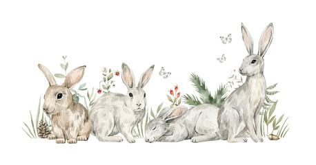 Watercolor forest baby animals. Cute rabbits, hare, berries, pines, leaves. Summer woodland, nature scene, valley. Wildlife creatures