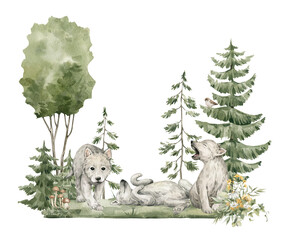 Watercolor composition with forest animals and natural elements. Baby wolfs, green trees, pine, fir, flowers. Woodland creatures in the wild. Illustration for nursery, wallpaper