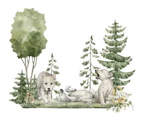  Watercolor composition with forest animals and natural elements. Baby wolfs, green trees, pine, fir, flowers. Woodland creatures in the wild. Illustration for nursery, wallpaper © Kate K.