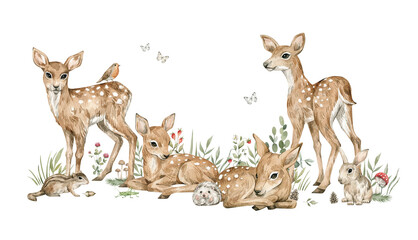 Watercolor forest baby animals. Cute deer, flowers, mushrooms, berries. Summer woodland, nature scene, valley. Wildlife creatures - obrazy, fototapety, plakaty