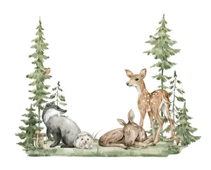  Watercolor composition with forest animals and natural elements. Deer, badger, moose, green trees, pine, fir, flowers. Woodland creatures in the wild. Illustration for nursery, wallpaper © Kate K.