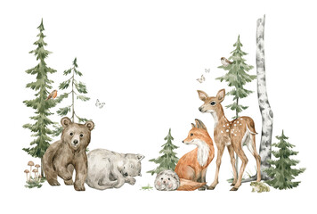 Watercolor composition with forest animals and natural elements. Deer, fox, wolf, bear, green trees, pine, fir, flowers. Woodland creatures in the wild. Illustration for nursery, wallpaper - 495898145