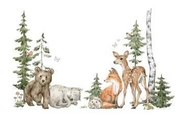  Watercolor composition with forest animals and natural elements. Deer, fox, wolf, bear, green trees, pine, fir, flowers. Woodland creatures in the wild. Illustration for nursery, wallpaper © Kate K.