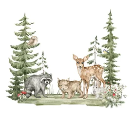  Watercolor composition with forest animals and natural elements. Deer, lynx, raccoon, green trees, pine, fir, flowers. Woodland creatures in the wild. Illustration for nursery, wallpaper © Kate K.
