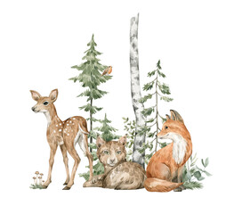 Watercolor composition with forest animals and natural elements. Deer, lynx, fox, green trees, pine, fir, flowers. Woodland creatures in the wild. Illustration for nursery, wallpaper