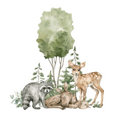 Watercolor composition with forest animals and natural elements. Deer, raccoon, moose, green trees, pine, fir, flowers. Woodland creatures in the wild. Illustration for nursery, wallpaper