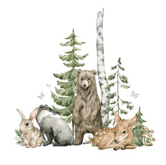 Watercolor composition with forest animals and natural elements. Bear, badger, deer, hare, green trees, pine, fir, flowers. Woodland creatures in the wild. Illustration for nursery, wallpaper