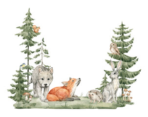 Watercolor composition with forest animals and natural elements. Wolf, fox, green trees, pine, fir, flowers. Woodland creatures in the wild. Illustration for nursery, wallpaper