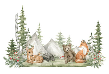 Watercolor composition with forest animals and natural elements. Deer, fox, bear, mountain, green trees, pine, fir, flowers. Woodland creatures in the wild. Illustration for nursery, wallpaper - 495898157