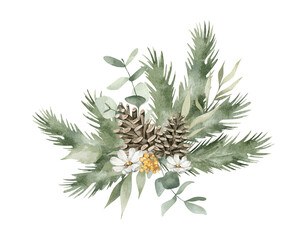 Watercolor bouquet with green forest leaves, pine cone, fir branches, flowers. Wild bouquet isolated on white background. Aesthetic illustration for wedding, cards, promo. Blossom nature