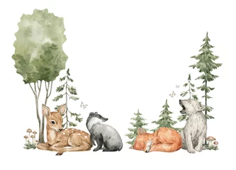  Watercolor composition with forest animals and natural elements. Deer, badger, wolf, fox, green trees, pine, fir, flowers. Woodland creatures in the wild. Illustration for nursery, wallpaper © Kate K.