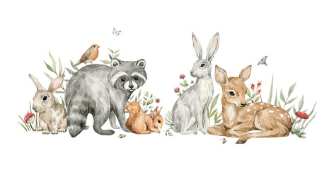 Watercolor forest baby animals. Raccoon, deer, hare, squirrel, flowers, mushrooms. Summer woodland, nature scene, valley. Wildlife creatures - 495898162