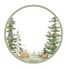 Watercolor frame with nature landscape, green spruce trees, evergreen fir and wild animals. Card for invitation, greeting. Wreath with forest elements.