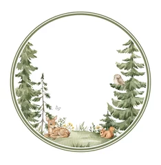  Watercolor frame with nature landscape, green spruce trees, evergreen fir and wild animals. Card for invitation, greeting. Wreath with forest elements. © Kate K.