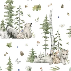  Watercolor seamless pattern with forest animals and natural elements. Wolf, badger, hare, green trees, pine, fir, flowers. Woodland creatures in the wild. Illustration for nursery, wallpaper © Kate K.